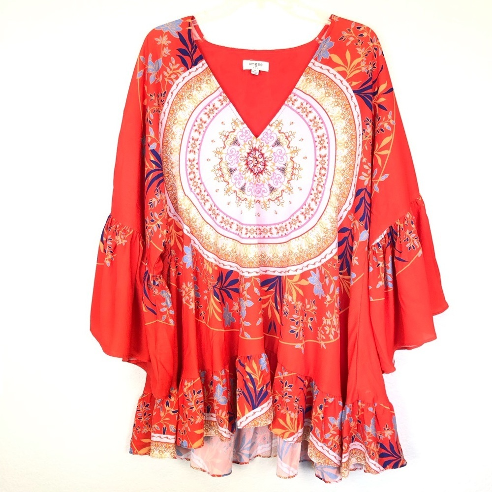 Umgee Orange Colorful Medallion Bohemian Oversized Pullover Tunic Size Medium